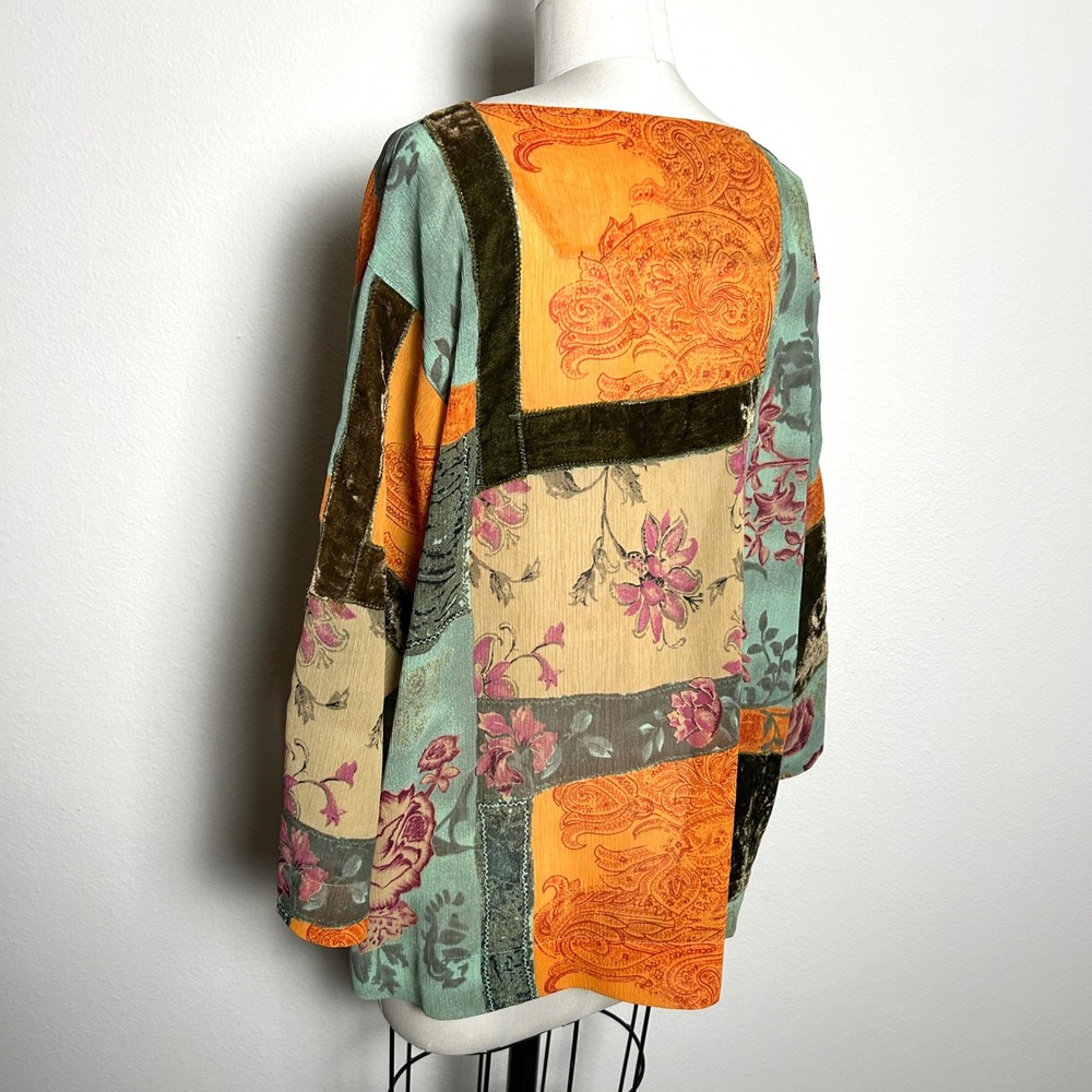 Vintage Multicolor Patchwork Velvet Chiffon Floral Paisley Shirt Women Size XL - Picture 4 of 6
